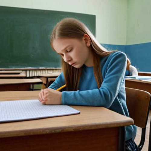 Home 4 **A student taking the TORFL exam in a Russian university classroom. Focus on the stress but also preparation.**
