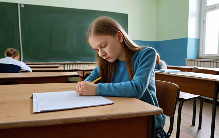 **A student taking the TORFL exam in a Russian university classroom. Focus on the stress but also preparation.**
